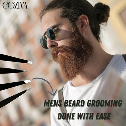 Coziva Professional Tweezers for Facial Hair Women & Men- 4 Pcs Precision Tweezer Set- Stainless Steel Eyebrow Tweezers Men - Ingrown Hair Tweezers for Facial Hair Removal & Grooming Needs