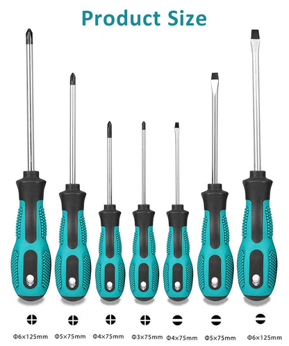 7pcs Screwdriver Set- Heavy Duty Chrome Vanadium Steel Made, Magnetic Screwdriver with 3 Flat & 4 Cross Head, Durable Hand Tools in Case