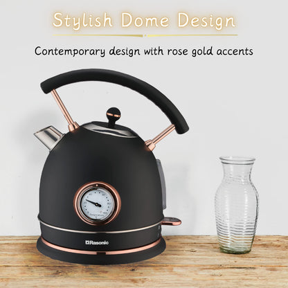 - Rasonic Classic Retro Electric Kettle | 1.8L | Stainless Steel | 3KW Fast Quiet Boiling | Matt Finish Black and Rose Gold -