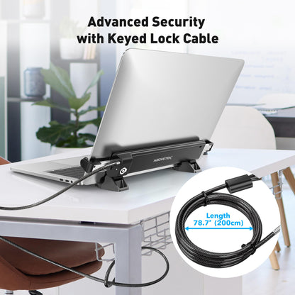 AboveTEK Laptop Security Locks with 2m Keyed Cable - Anti-Theft Locking Station, Adjustable Width 28.2-39.8cm, Desktop Fixed or Portable Mounting Option, Fits 12"-16" MacBook/Notebooks