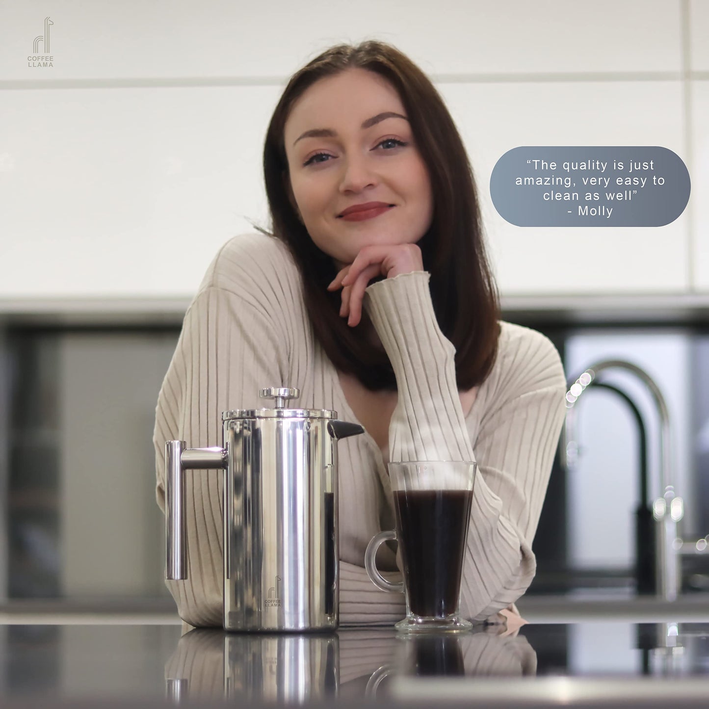Coffee Llama™ French Press | 1 Litre | 8 Cups Cafetiere Doubled Walled Portable Stainless Steel Coffee Press for Home, Travel & Camping with 3 Extra Filters