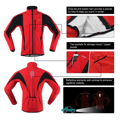 ARSUXEO Cycling Jacket Mens Waterproof Windproof Softshell Winter Thermal Breathable Bike Outerwear 15K Red Size Large