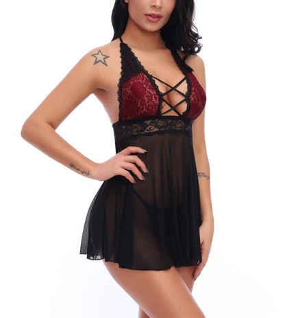 Charmnight Women Sexy Lingerie Babydoll Nightwear Lace Sleepwear Underwear Set (Black-L)