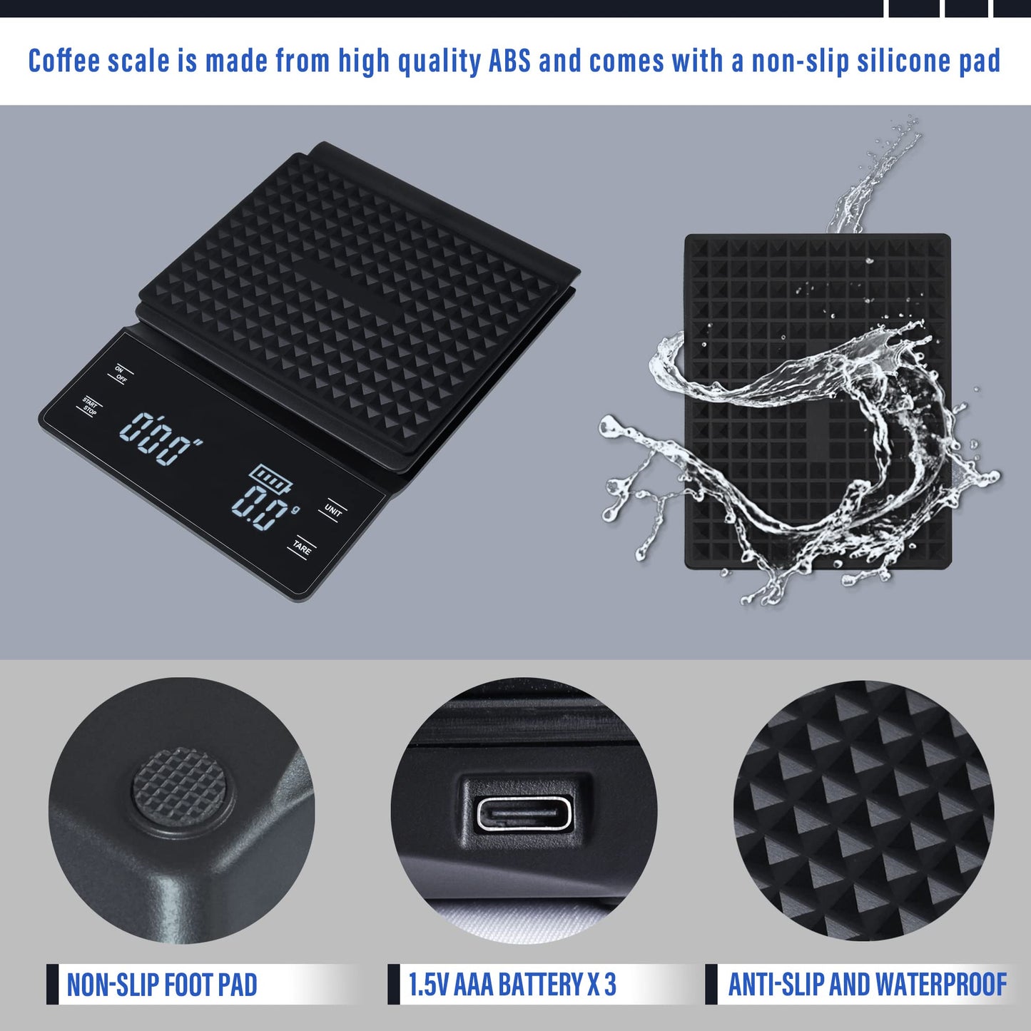 bemece Digital Coffee Scales with Timer,0.1g/3KG High Precision Kitchen Scale with Large LED Display,Waterproof Electronic Espresso coffee Weighing Scales(Type C charging cable)