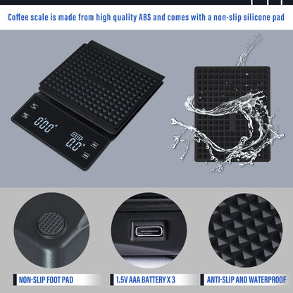 bemece Digital Coffee Scales with Timer,0.1g/3KG High Precision Kitchen Scale with Large LED Display,Waterproof Electronic Espresso coffee Weighing Scales(Type C charging cable)