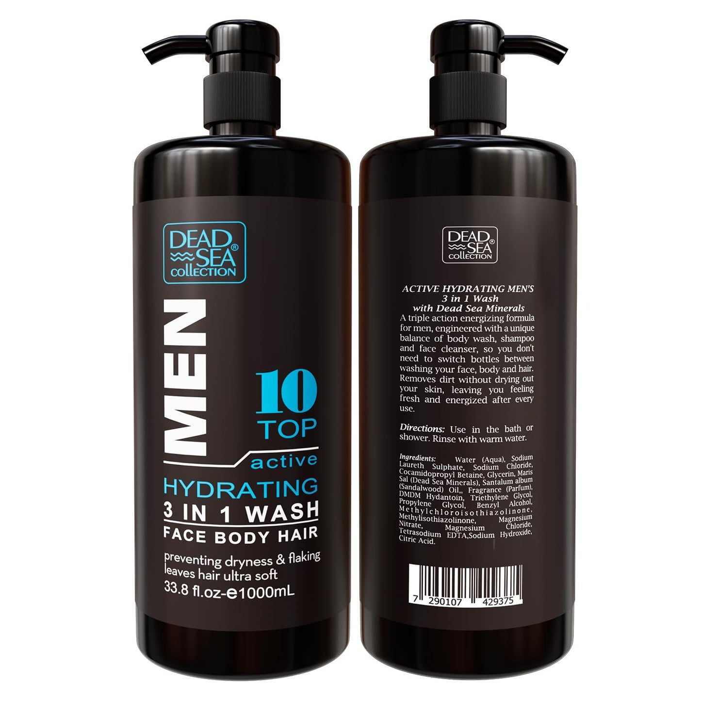 Dead Sea Collection 3 in 1 Mens Shower Gel Top 10 - Body Wash, Shampoo for Men, Face Wash - Pack of 2 (1000 ml. Each)