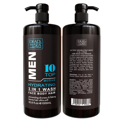 Dead Sea Collection 3 in 1 Mens Shower Gel Top 10 - Body Wash, Shampoo for Men, Face Wash - Pack of 2 (1000 ml. Each)