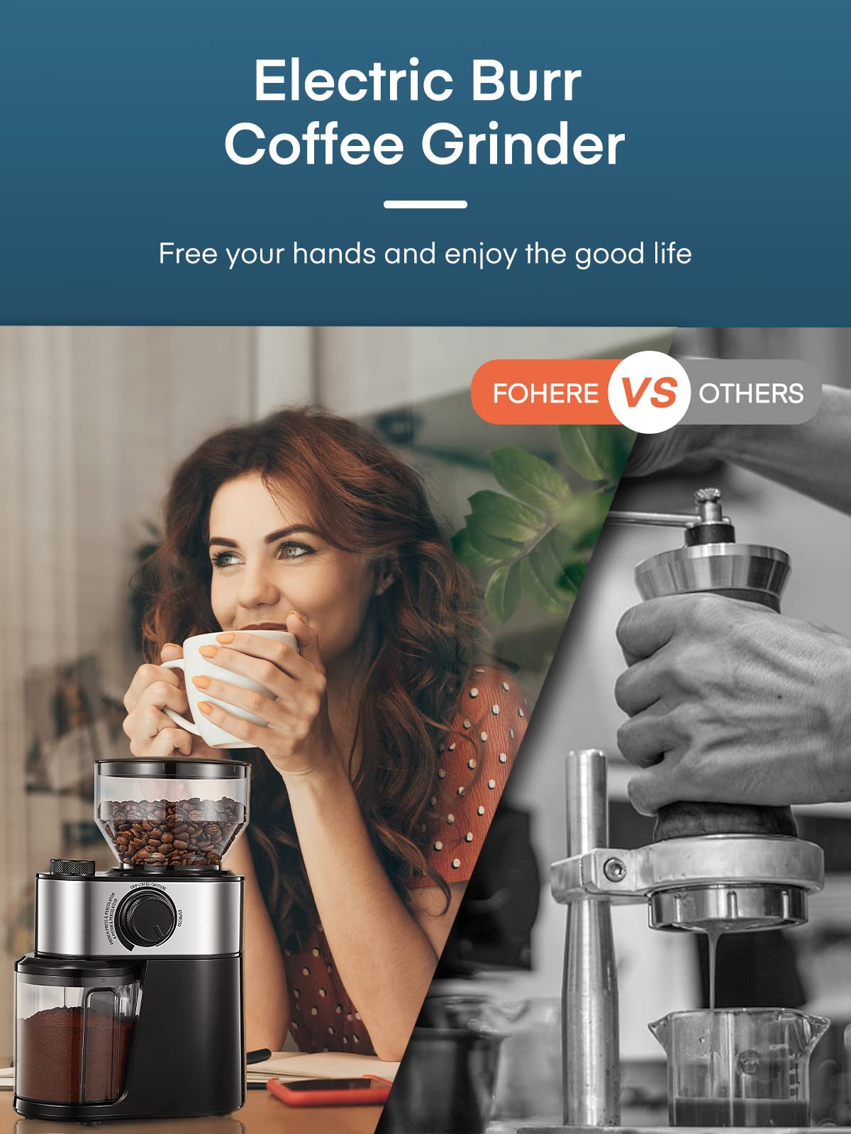 Burr Coffee Grinder Electric, FOHERE Coffee Bean Grinder with 18 Grind Settings, 2-14 Cup, 200W Coffee Grinder for Drip Coffee/French Press, 250g Capacity, with Brush Easy to Clean, Black