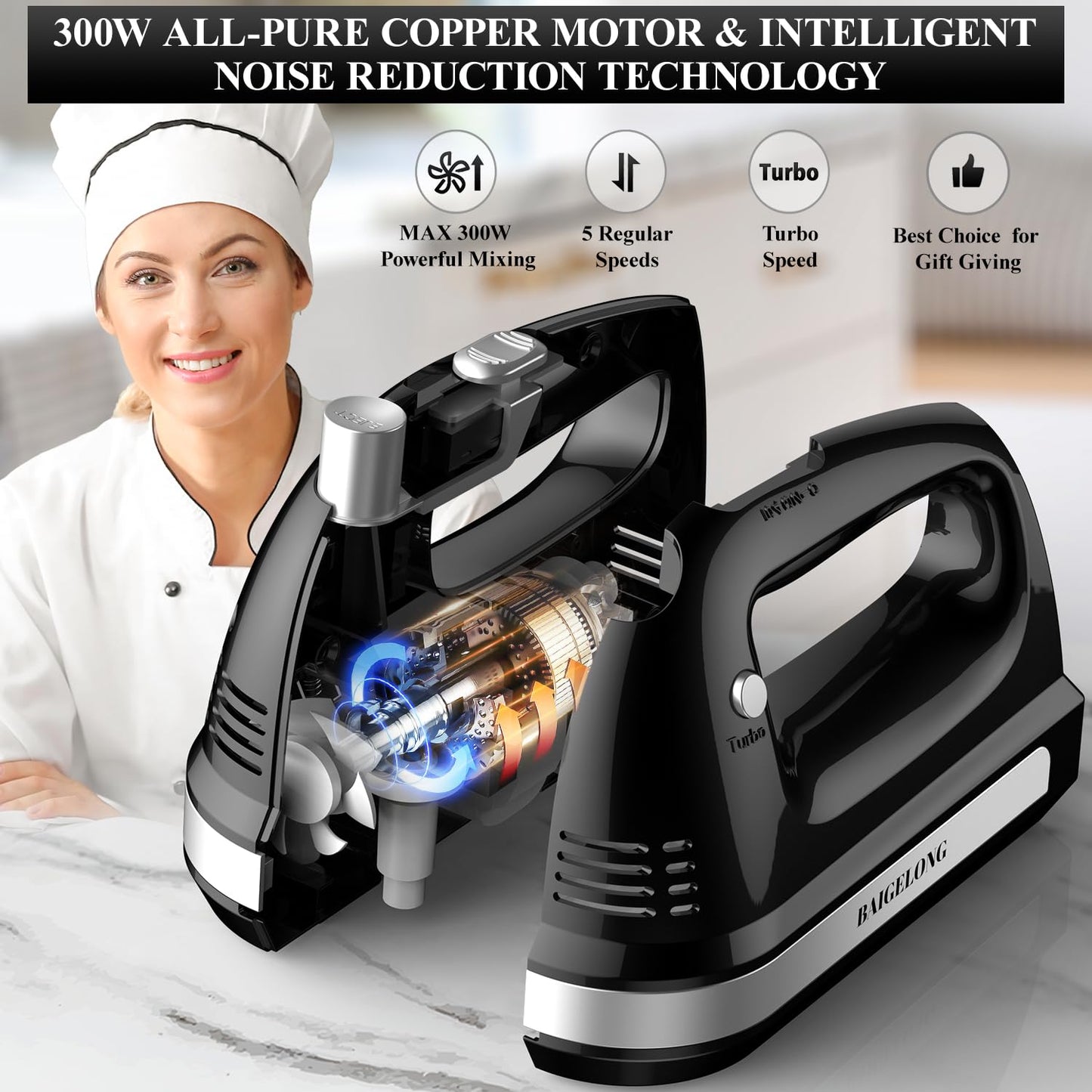 BAIGELONG Hand Electric Mixer, 300W Ultra Power Food Kitchen Mixer with 5 Self-Control Speeds + Turbo Boost, 5 Stainless Steel Attachments Handheld Mixer for Baking, BLACK
