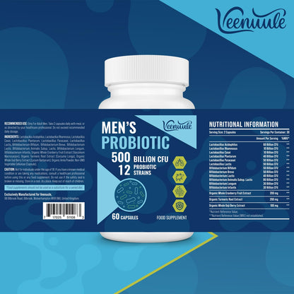 500 Billion CFU Probiotics for Men, 12 Diverse Strains Probiotics for Gut Health with Cranberry, Turmeric, Goji, for Digestive & Immune Health, Shelf Stable (60 Count (Pack of 1))