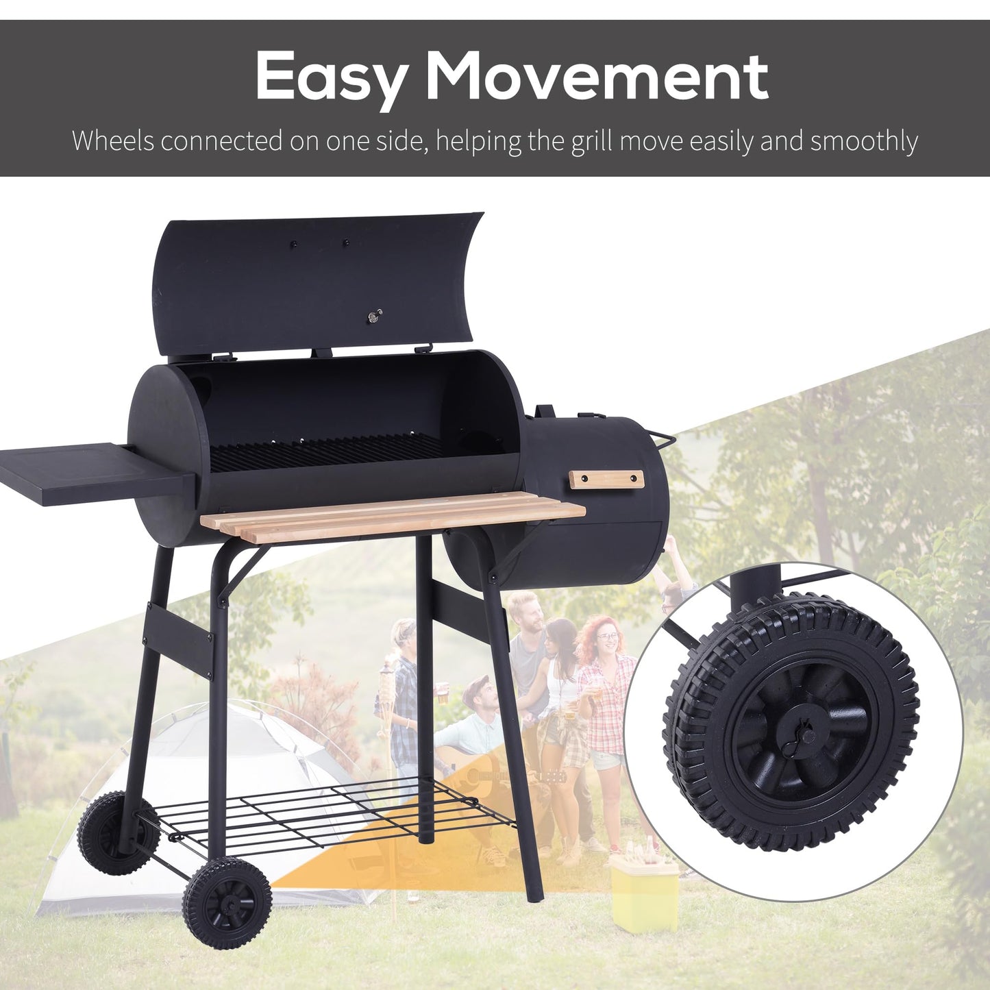 - Outsunny Charcoal Barbecue Grill | Offset Smoker | Barrel BBQ Trolley | 3 Storage Shelves -
