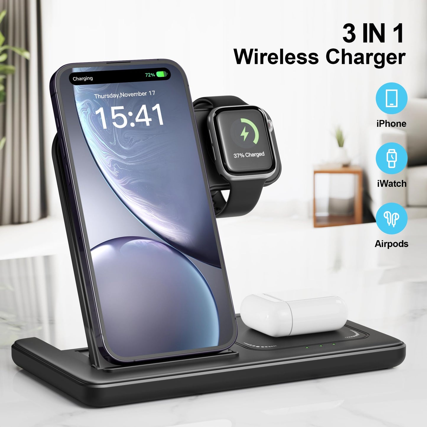 - Wireless Charger, 3 in 1 Charging Station, 15W Qi Fast Foldable Magnetic Stand Dock