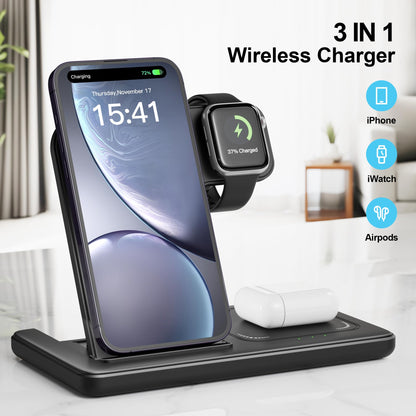 - Wireless Charger, 3 in 1 Charging Station, 15W Qi Fast Foldable Magnetic Stand Dock
