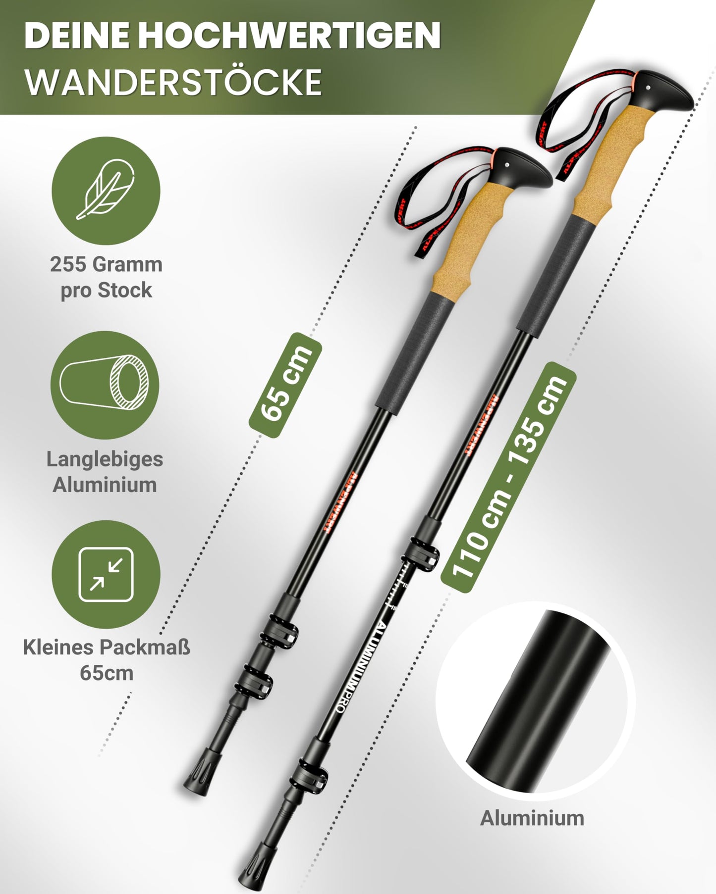 ALPENWERT Hiking Poles [Carbon & Aluminium] Walking Poles for Men and Women - Telescopic Trekking Poles with Cork Handle for Hiking, Nordic Walking and Ski Touring (Aluminium)
