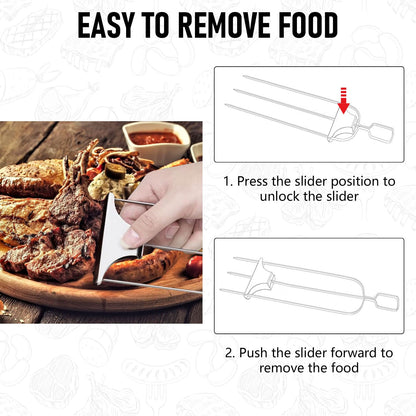 2Pcs 3 Way Skewers for Grilling, Stainless Steel BBQ Skewers with Push Bar Slider, Reusable Kebab Skewers BBQ Accessories with Oil Brush and Oxford Bag
