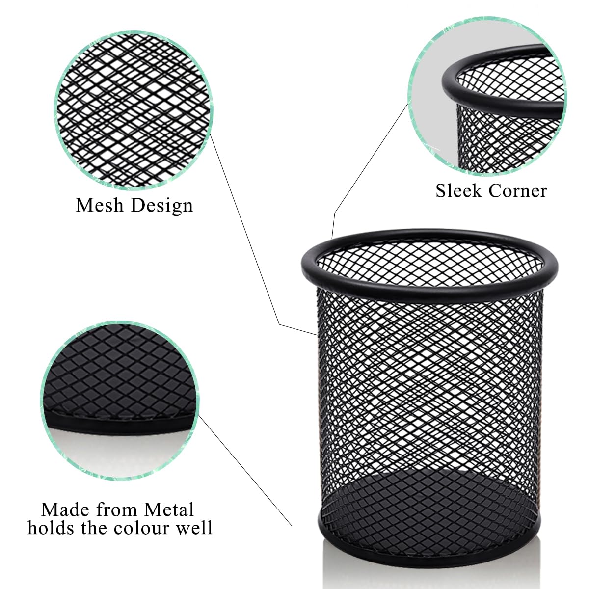 DARUITE 4 Pack Pen Pot, Pen Holder, Mesh Pencil Holder, Metal Pen Pots for Desk, Desk Pen Holder, Pencil Pot for Office, Home, Classroom (Black)