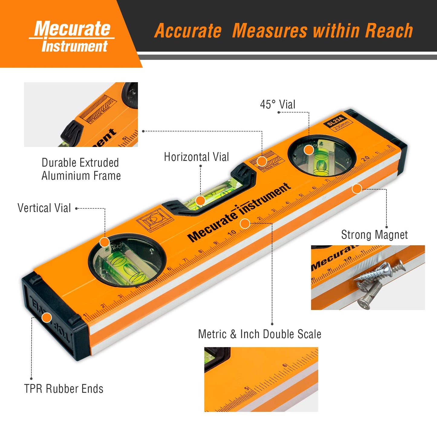 - Mecurate Spirit Level | 9 inch | 230mm | Metric Scale Magnetic Torpedo Level -