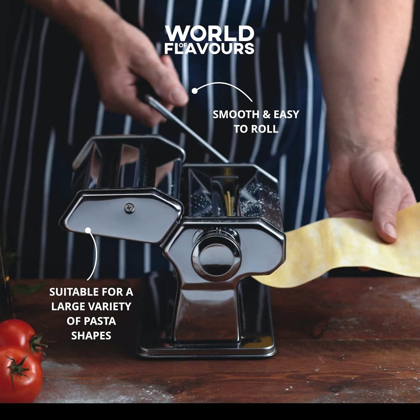 -World of Flavours Pasta Maker, Manual Pasta Machine with 9 Adjustable Thickness, Italian Deluxe Double Cutter, Stainless Steel
