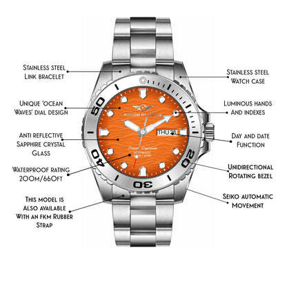 - Nation of Souls Silver and Orange Ocean Explorer | Men's Automatic Analogue Watch -
