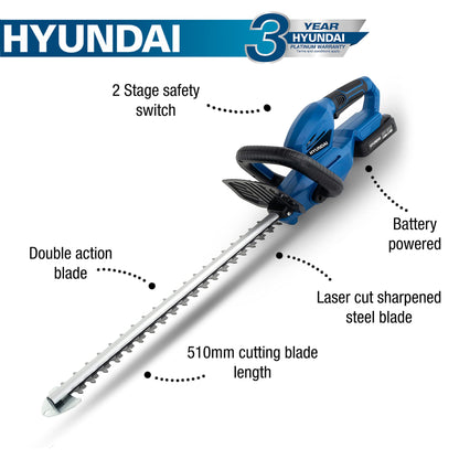 - Hyundai 20v Li-ion Cordless Hedge Trimmer/Hedge Cutter | Battery & Charger 510mm / 20” Cutting Blade | Lightweight Design | Low Maintenance -