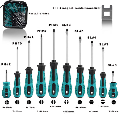 10pcs Screwdriver Set,Heavy Duty Chrome Vanadium Steel Made,Magnetic Screwdriver with 5 Cross& 5 Flat Head,Muti Purpose Screwdriver Kit,Durable Hand Tools in Carry Bag
