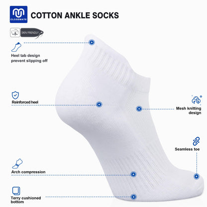 Closemate 7 Pairs Ankle Trainer Socks Cushioned Sports Socks for Men Non-slip Tab Cotton Breathable Low Cut Athletic Running Socks (7White, Size L)