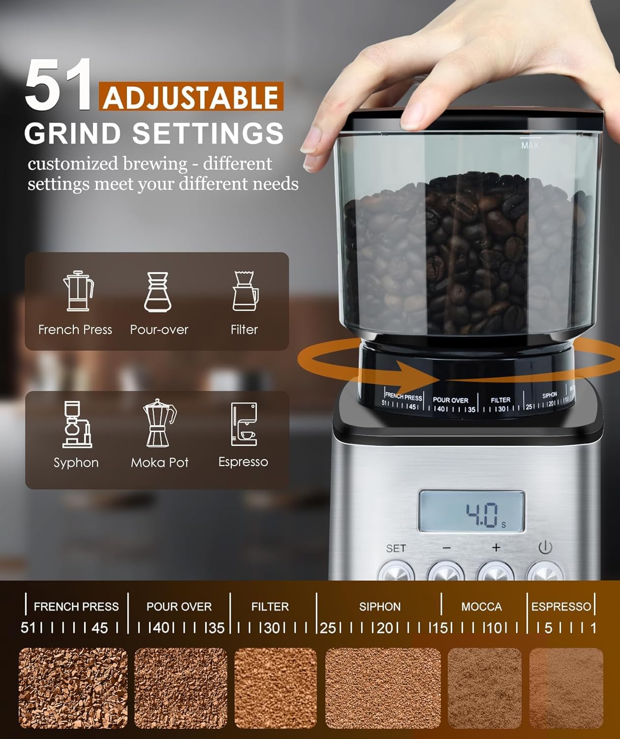 - Homtone Coffee Grinder Electric Conical Burr | Adjustable Coffee Grinder | 51 Precise Settings -