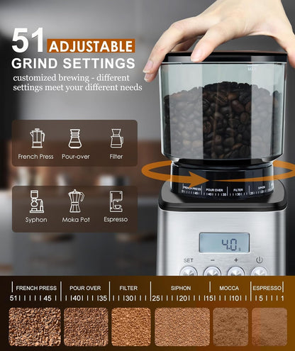 - Homtone Coffee Grinder Electric Conical Burr | Adjustable Coffee Grinder | 51 Precise Settings -