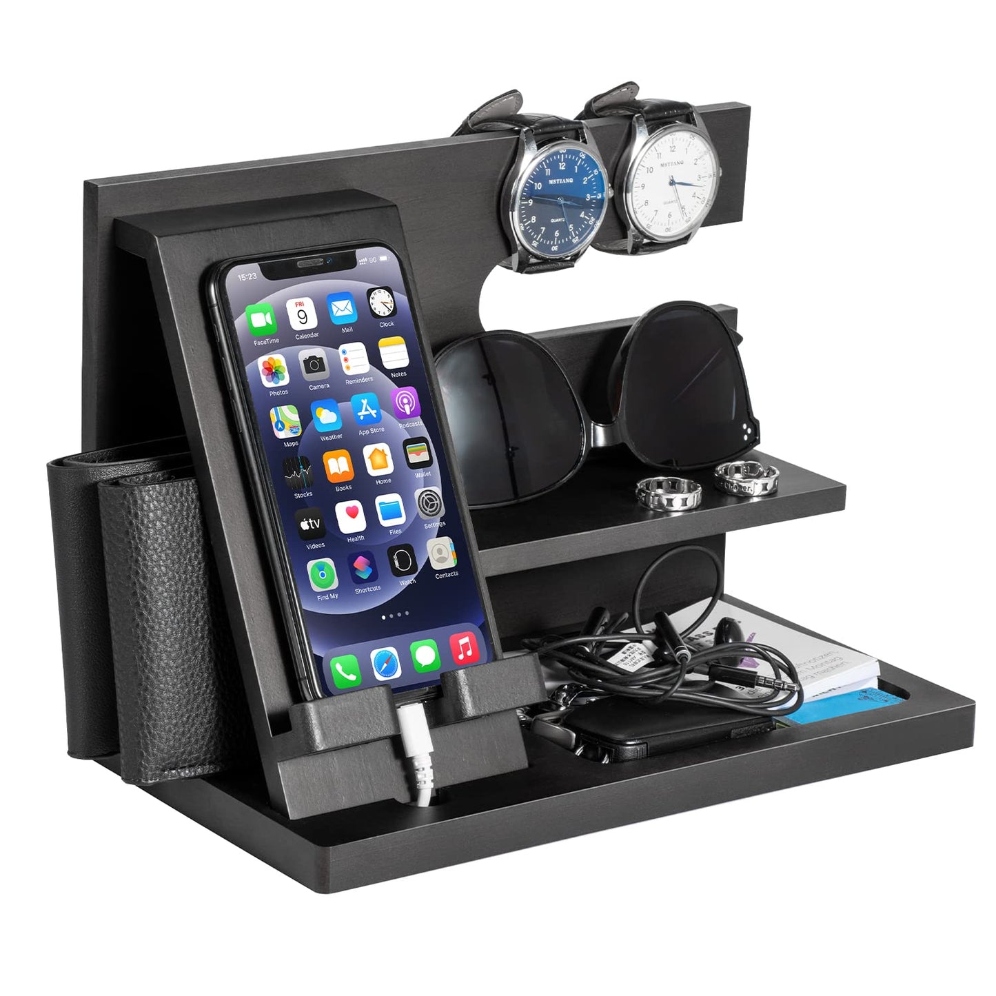 Birthday Gifts for Men who have everything Dad Gifts Wood Phone Docking Station for Men Bedside Table Organiser for Him Gifts for Dad Mens Gifts for Husband Presents for Men Bedside Gadget Organiser