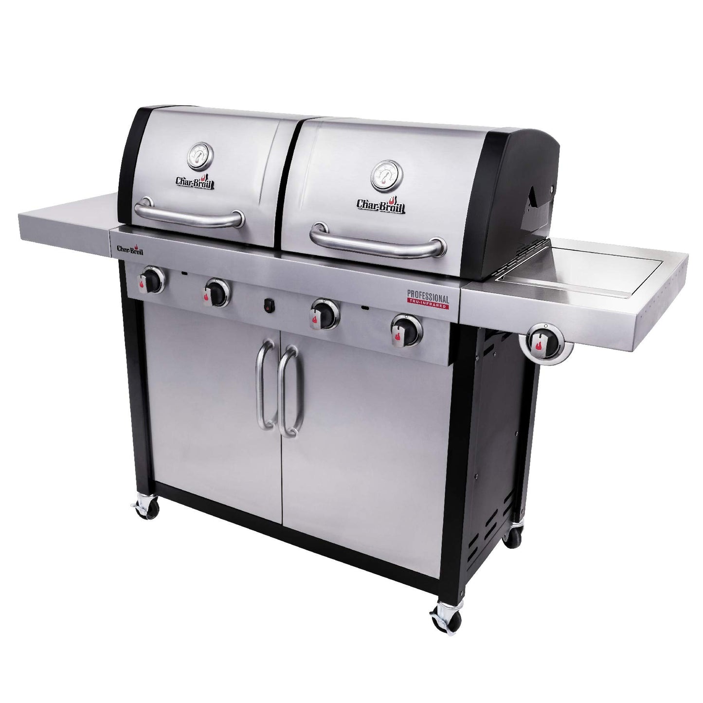 Char-Broil Professional Series 4600 S Double Header - 4 Burner Gas Barbecue Grill with TRU-Infrared Technology and Side-Burner, Stainless Steel Finish.
