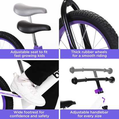Bixe Aluminum Balance Bike for 5-9 Year Old Toddlers - 16 inch or 40.6 cm Wheels - No Pedal Kids' Training Bikes - Lightweight Bicycle for 5+ Boy or Girl - Purple