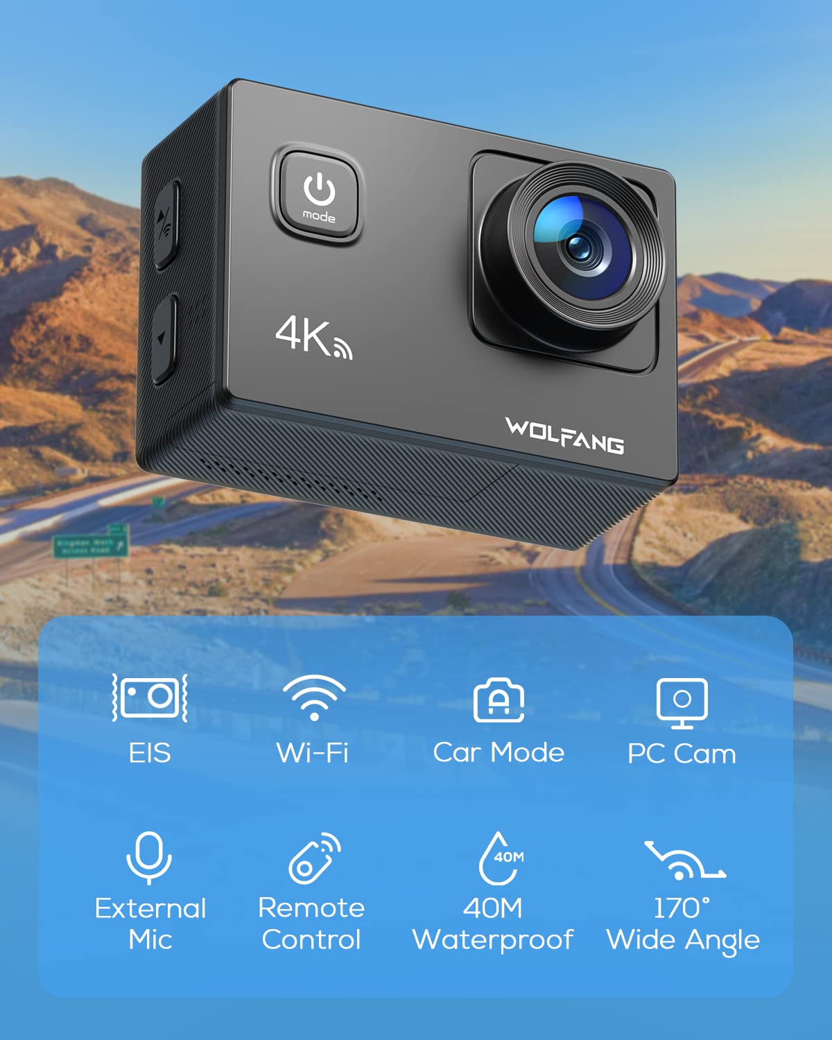 - WOLFANG Action Camera 4K 20MP GA100, Waterproof 40M Underwater Camera
