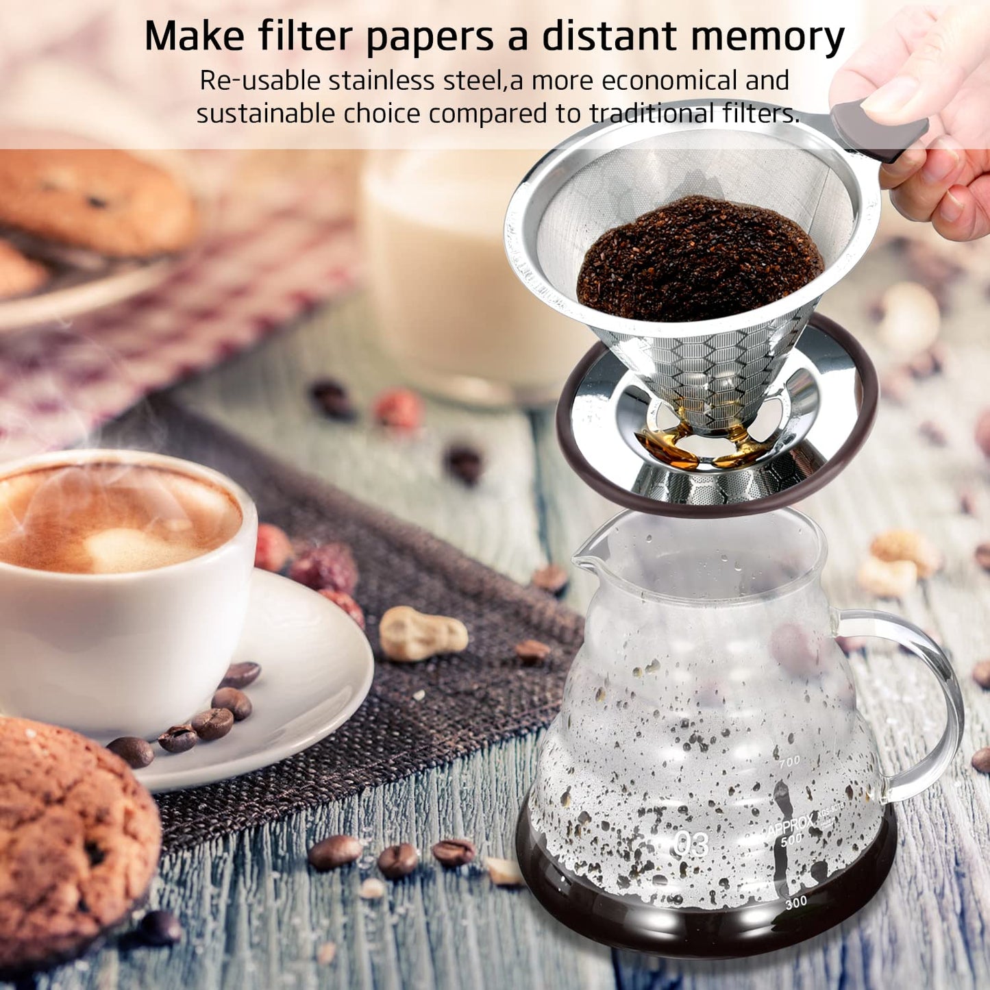 - FOXAS Pour Over Coffee Filter | Stainless Steel Reusable Coffee Dripper -