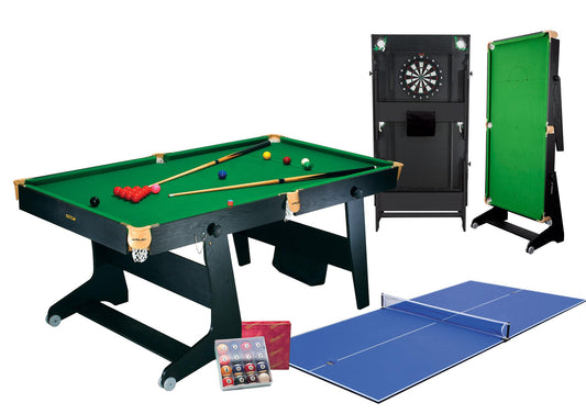 - Riley 4-in-1 6ft Folding Snooker & Pool Games Table | Table Tennis & Soft Tip Dart Board | Cues & Balls -