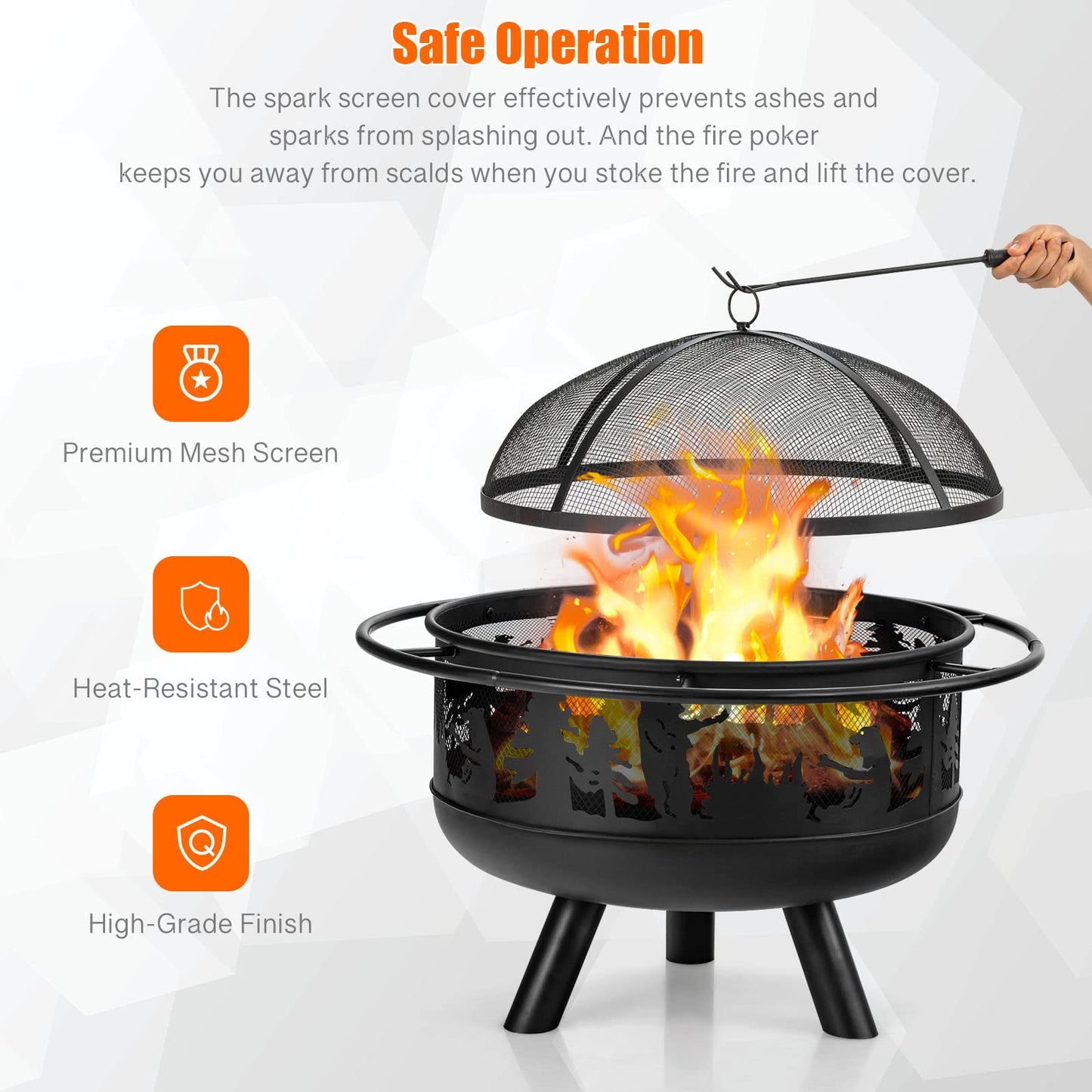 COSTWAY 77cm Large Fire Pit Bowl, 2 in 1 Wood Burning Firepit Brazier with Cooking Grill, Spark Guard and Fire Poker, Round Metal Log Heater Burner for Outdoor BBQ Camping Party