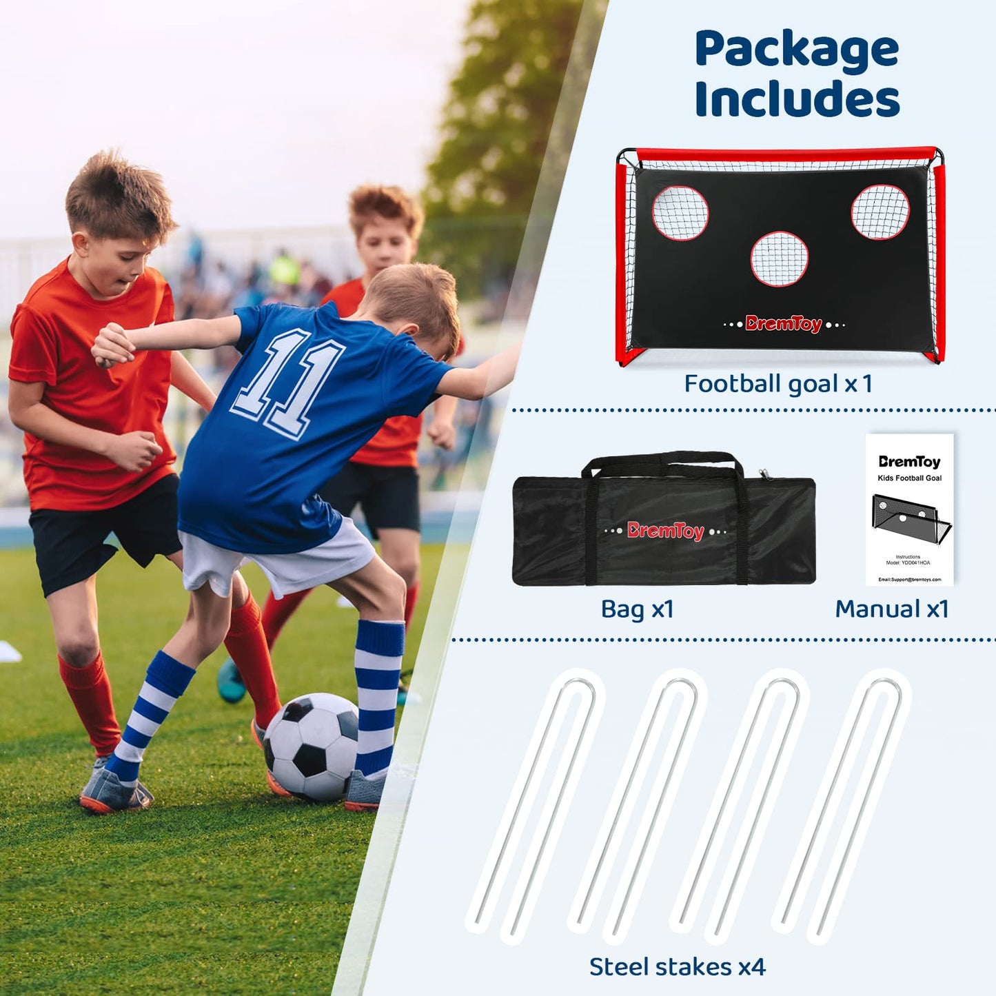 BremToy 2 in 1 Football Goal 6ft x 4ft, Football Goals for the Garden with Target Goal Net, Waterproof Oxford Cloth Football Goal for Kids, 4 U-Shaped Steel Stakes, Portable Bag
