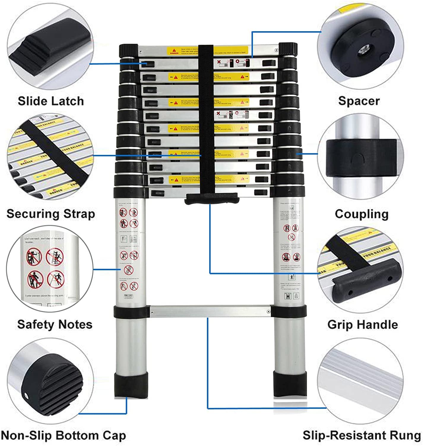 - DIY 12.5ft (3.8m) Telescoping Ladder | Extendable Collapsible Lightweight Ladders | 150kg (330lb) 13 Steps -