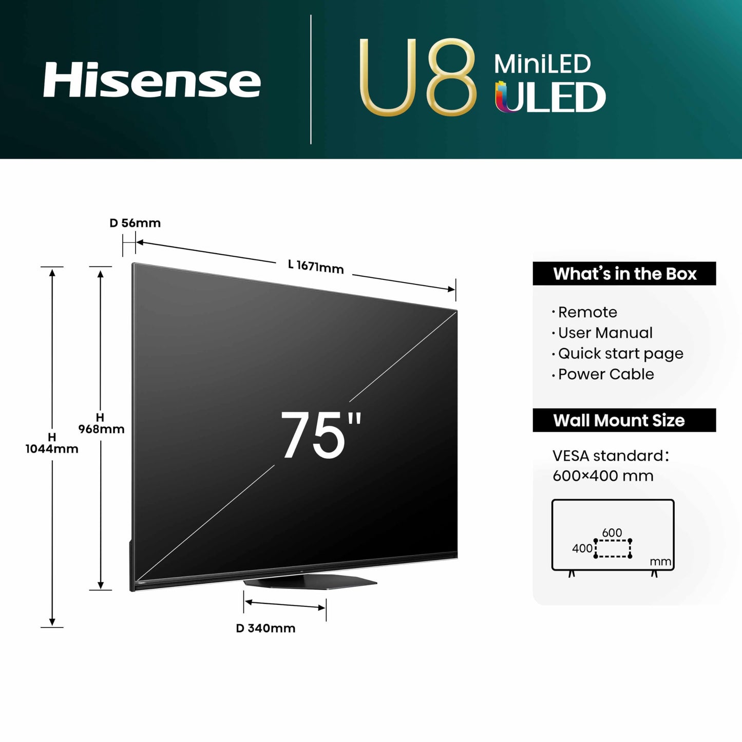 - Hisense 75 Inch Mini-LED Smart TV 75U8NQTUK | Quantum Dot Colour | Dolby Vision IQ & Atmos | iMax Enhanced | 2.1.2 Channel Speakers and Vidaa OS with Freely | Youtube | Netflix | Disney+ -