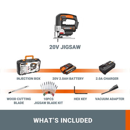 - WORX 18V(20V MAX) 24mm Cordless Jigsaw WX543.2, PowerShare, 4 Position Pendulum, Quick Blade Change, LED Light, 1 Battery Included, 10pcs Jigsaw Blades Included