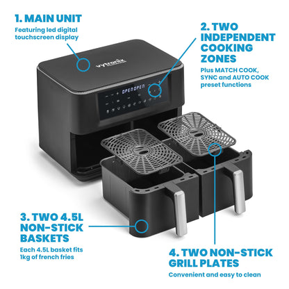 - Vytronix DD9L Dual Zone Air Fryer 2 Drawer 9L | Efficient 2400W