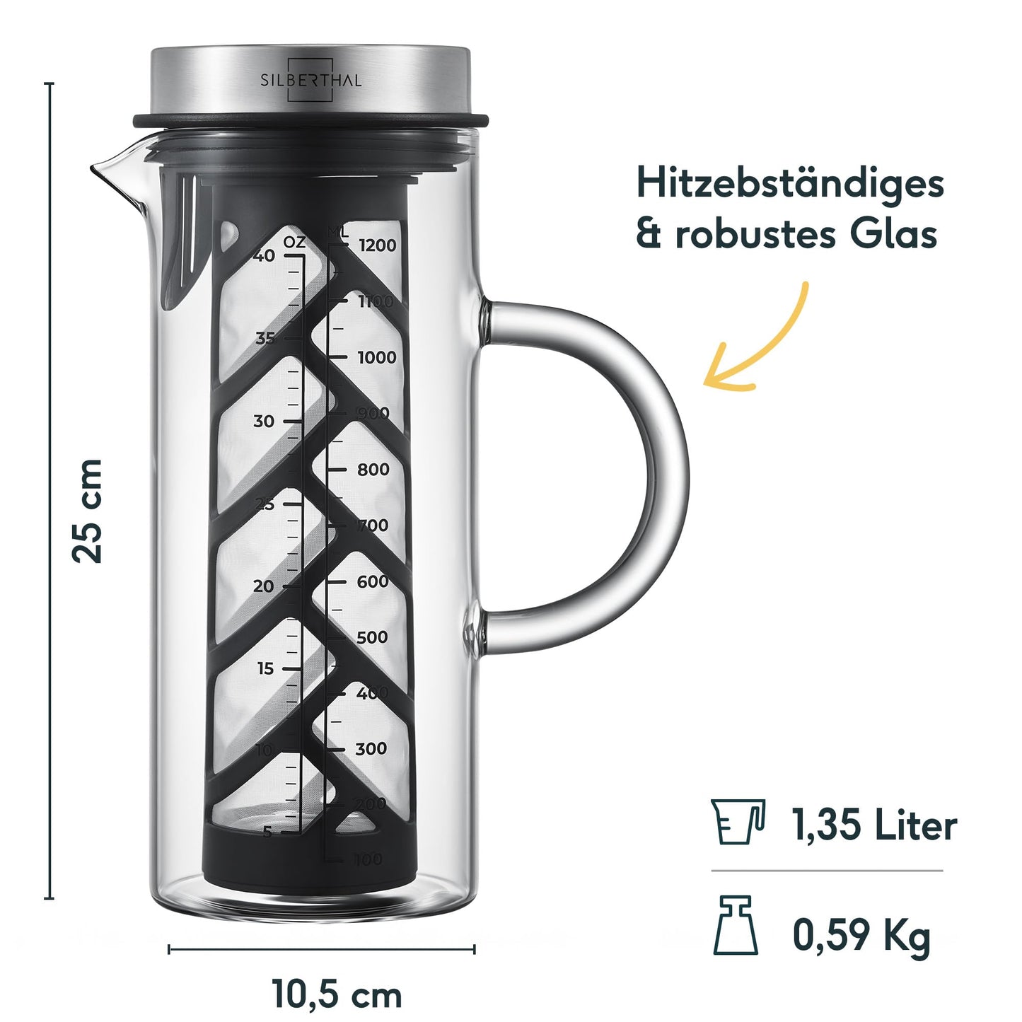 - SILBERTHAL Cold Brew Coffee Maker  | Glass & Stainless Steel | Long Insert For Iced Coffee & Tea -