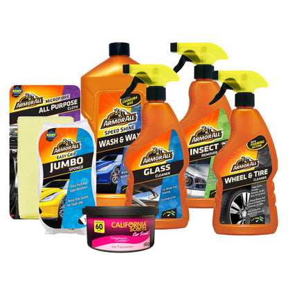 Armor All 7-Piece Car Cleaning Kit, Includes Glass Cleaner, Jumbo Sponge, Car Wash & Wax, California Scents Can Car Air Freshner, Wheel & Tyre Cleaner 500ml, Insect Remover and Microfibre Cloth