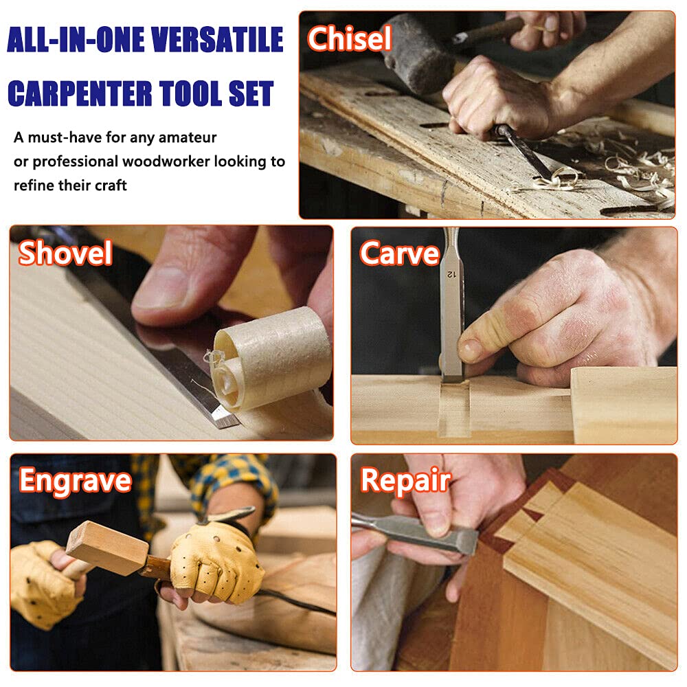 - 10-Piece Wood Chisel Set, Bevel Edge Wood Carving Chisel, Soft Grip with Strike Cap Set for Woodworking, Cr-V Construction Heavy Duty Chisel with Honing Guide, Sharpening Stone, Pencil & Storage Case