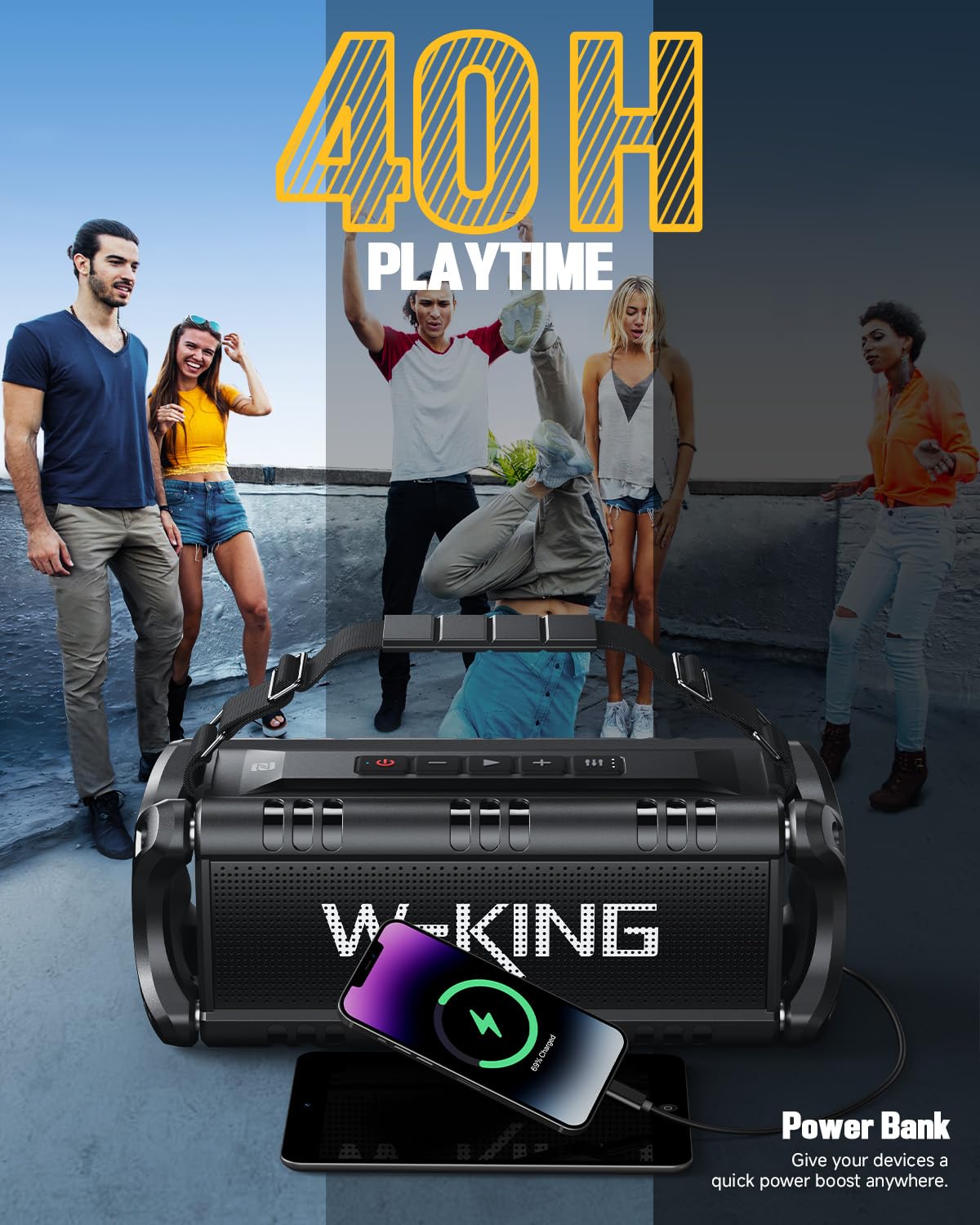 Bluetooth Speaker, W-KING 90W Peak 50W RMS Speakers Wireless Bluetooth 5.0 With Deep Bass,IPX6 Waterproof Loud Bluetooth Speaker 40H Playtime/Two Portable Speakers Pairing/TF Card/EQ/NFC Outdoor Party