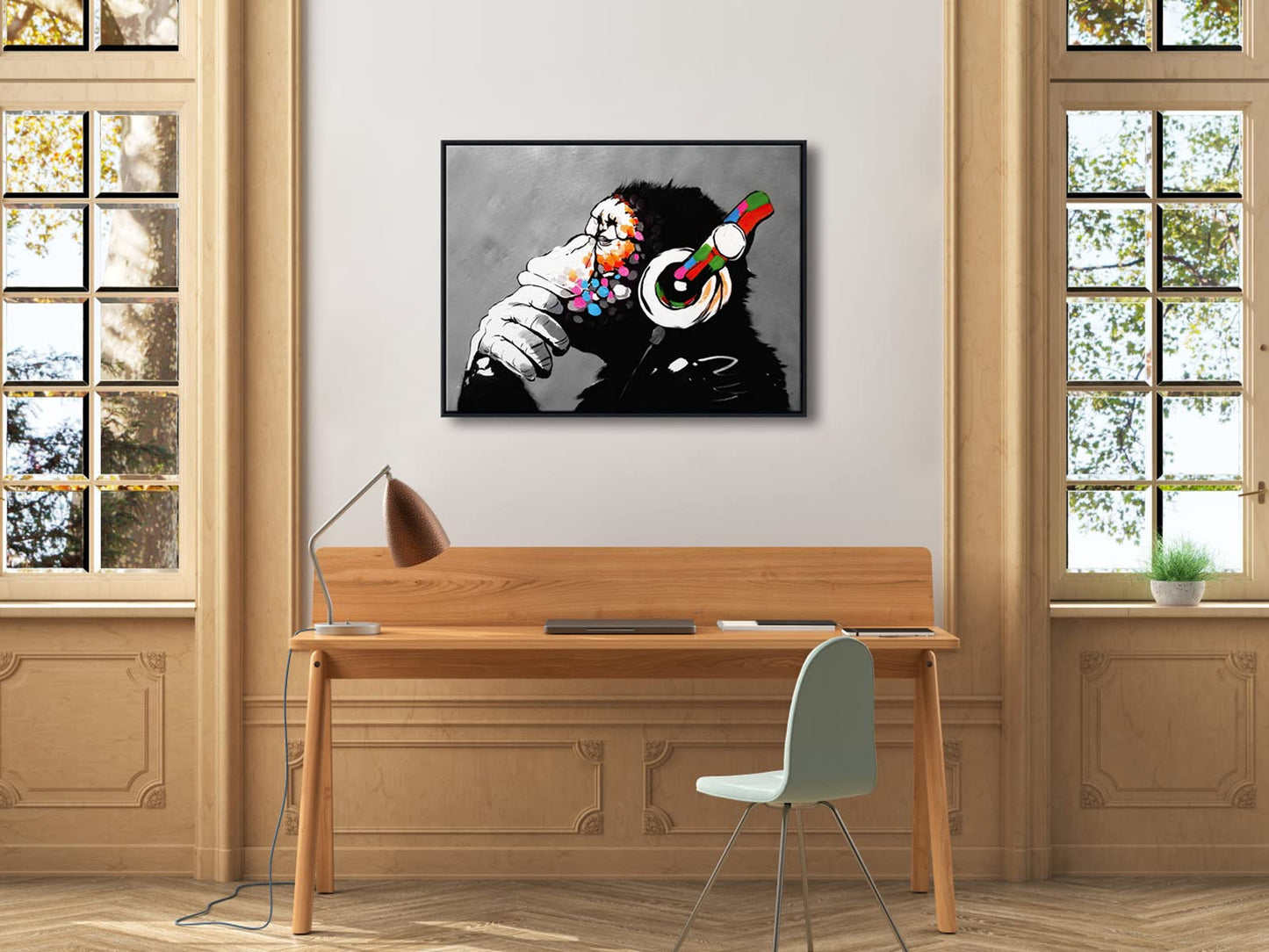 - Large Black Framed Monkey With Headphones Banksy