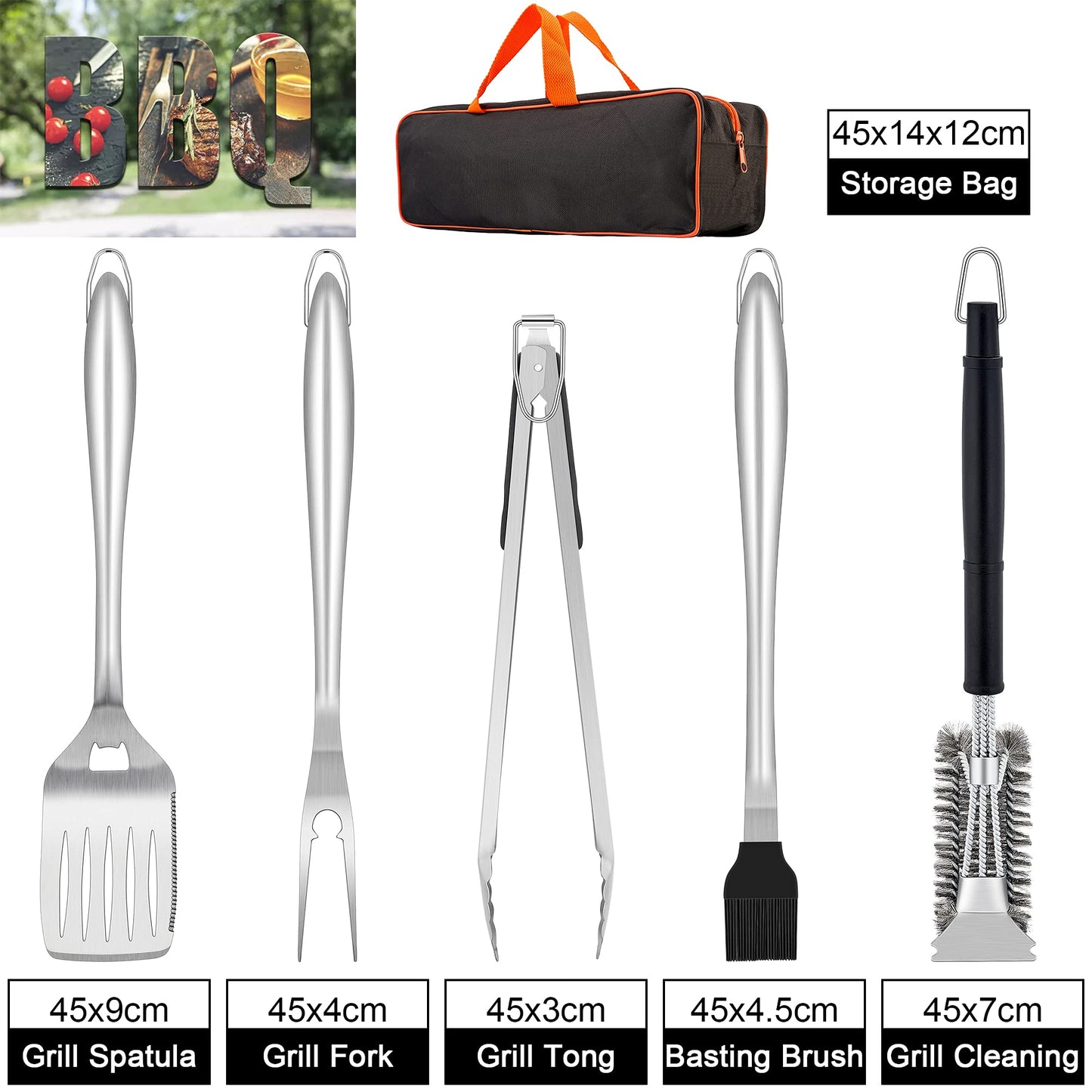 - Herogo BBQ Tool Sets | 6 Piece Heavy Duty Stainless Steel Barbecue Accessories with Portable Bag -