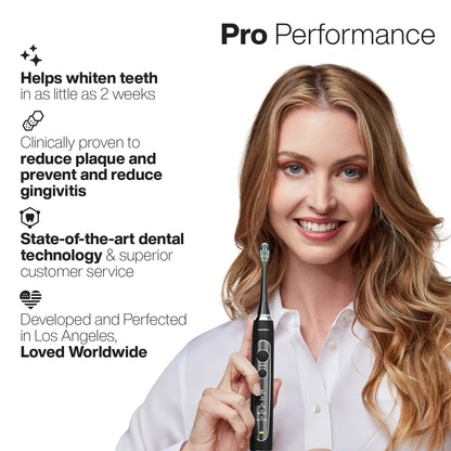 Aquasonic Black Series PRO Ultra Whitening Toothbrush w UV Sanitizing Base 4 Modes & Smart Timers UV Sanitizing & Charging Travel Case Electric Tooth Brush 6 Proflex Brush Heads