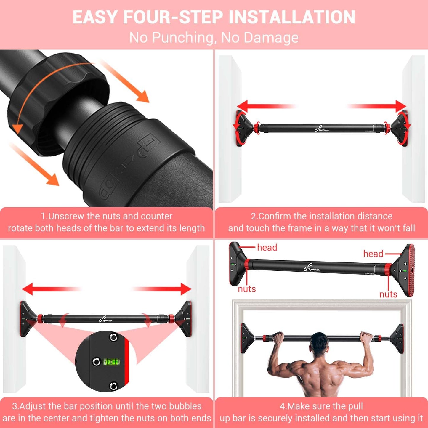 - Sportneer Pull Up Bar | Doorway Chin Up Bar | Adjustable 75-94cm (29.5in-37in) | Up to 200kg Capacity -