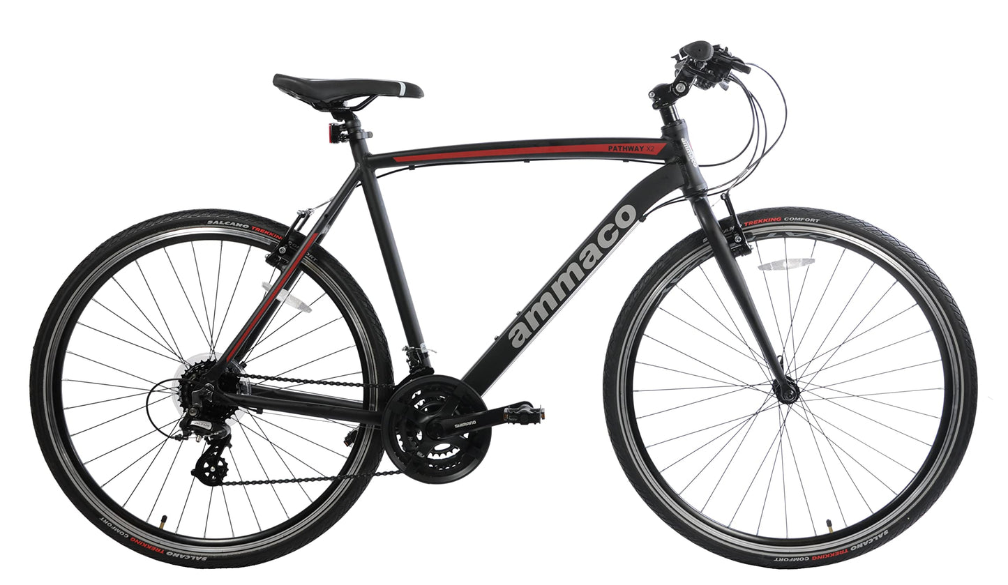 Ammaco Pathway X2 700c Road Hybrid Trekking Mens Sports Commuter Urban Bike 21" Frame Lightweight Alloy Black Red 24 Speed