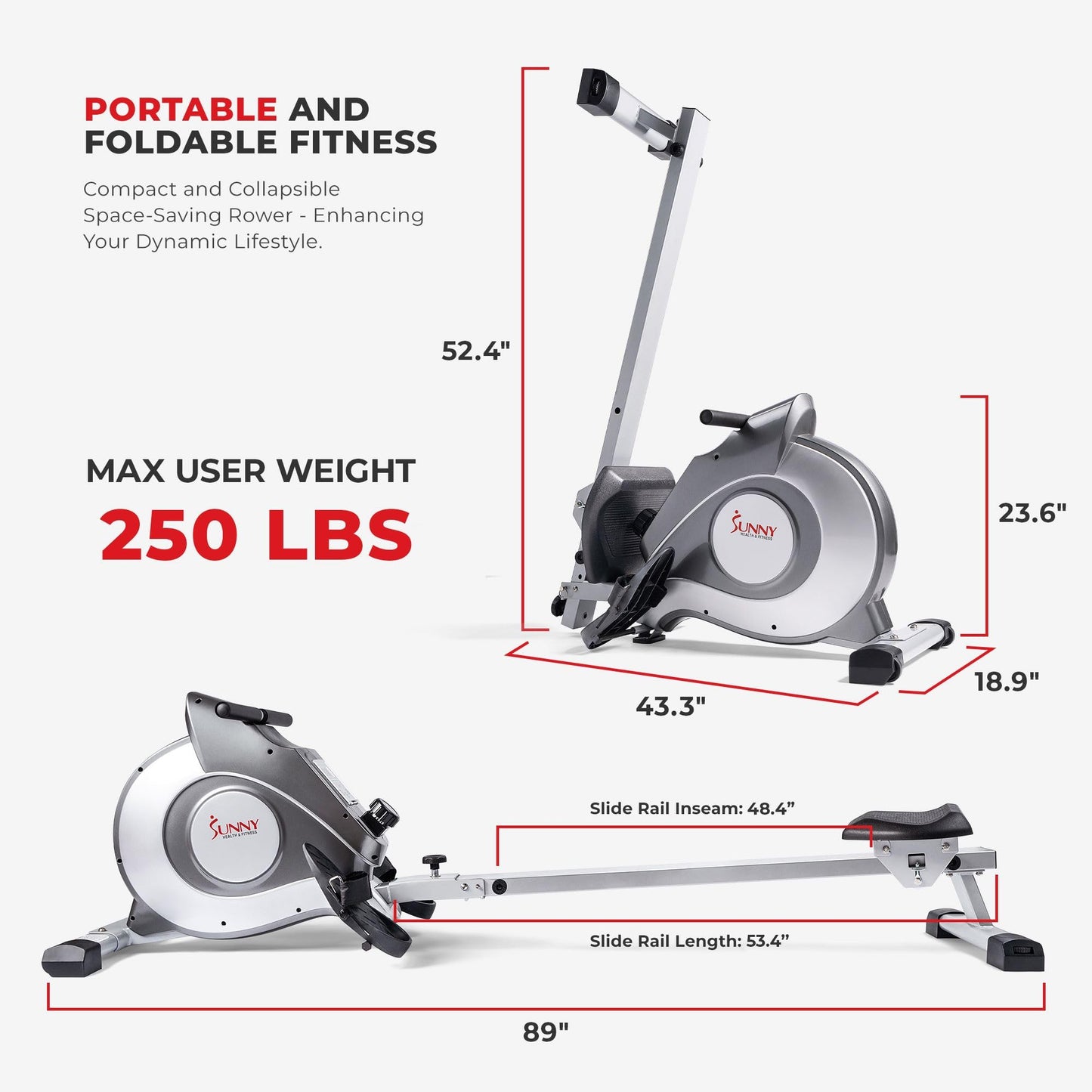 - Sunny Health and Fitness Magnetic Rowing Machine | Folding Rower with LCD Monitor -